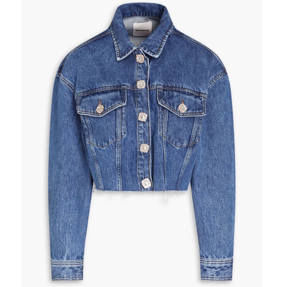 SANDRO NWT DENIM CROP JEAN JACKET CRYSTAL EMBELLISHED!😍 SIZE 34 S/M RETAIL $500